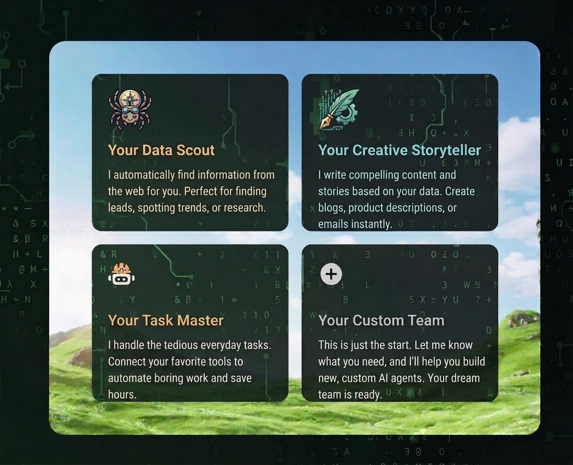 A grid of AI agents covering research, writing, everyday tasks and custom roles