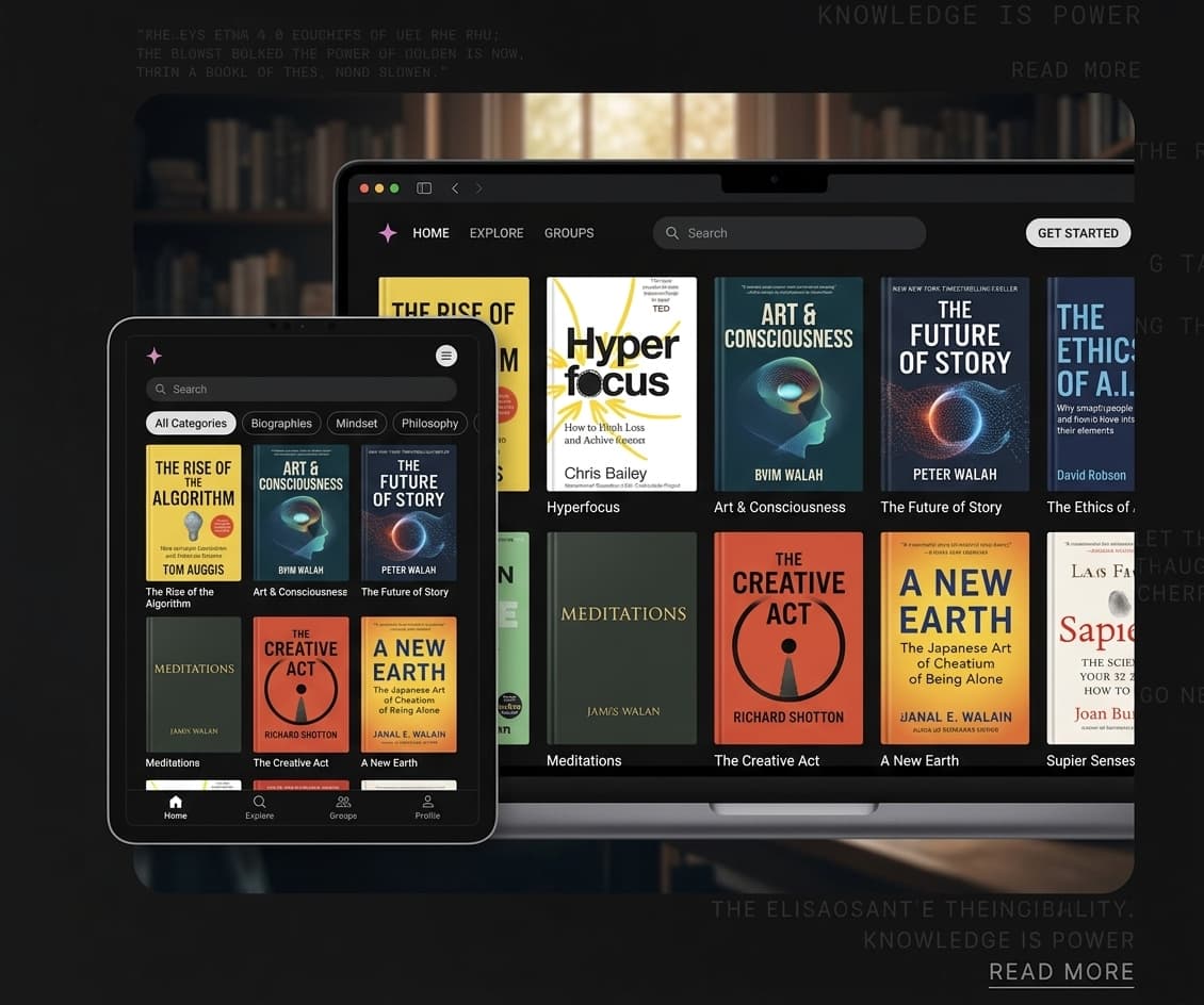 A generated reading app running in a desktop browser beside its mobile layout