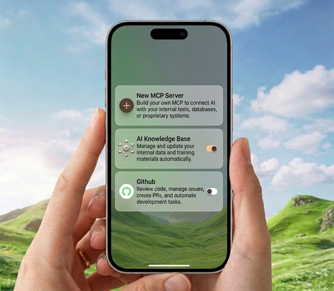 A phone toggling connections to an MCP server, a knowledge base and GitHub