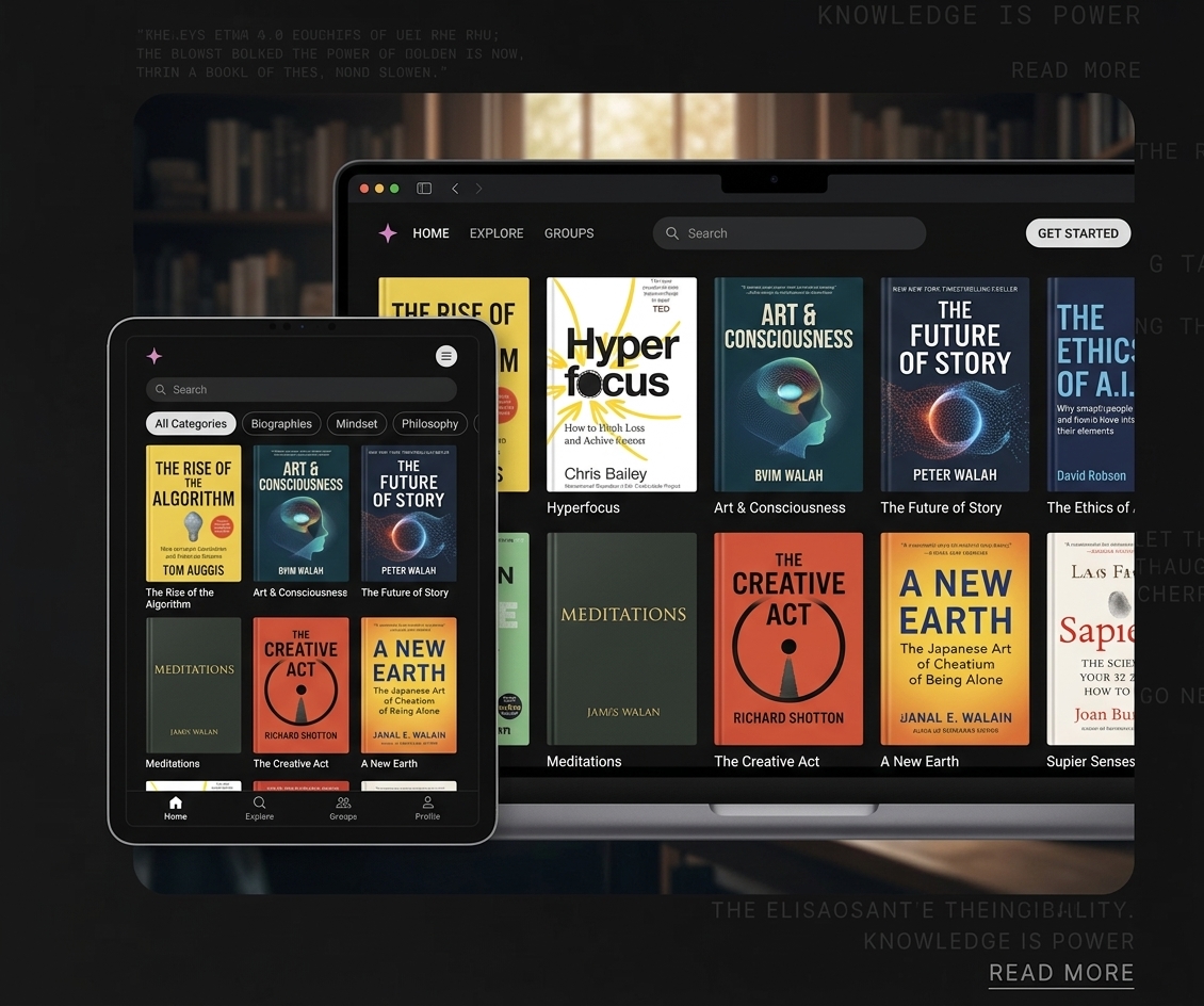 A generated reading app running in a desktop browser beside its mobile layout